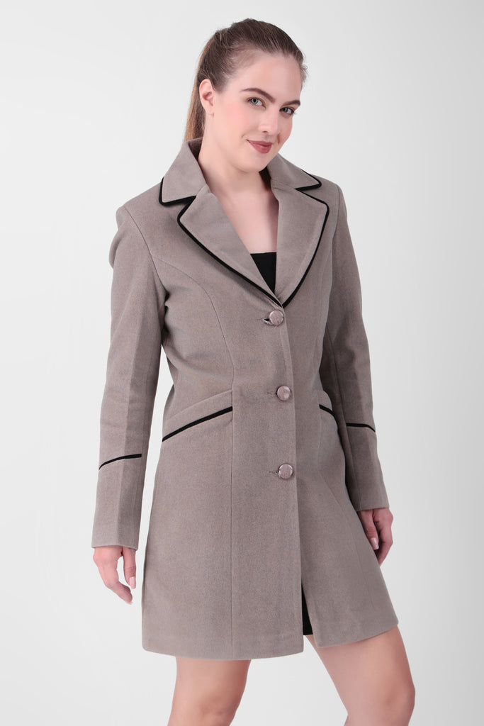 Women winter Long Coat with Black Piping