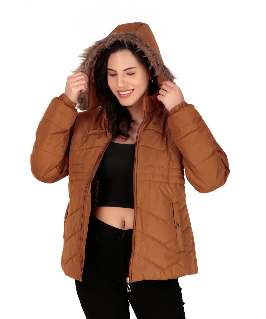 WarmNest Women's Padded Winter Jacket with Removable Faux Fur Hood and Elastic Cuffs